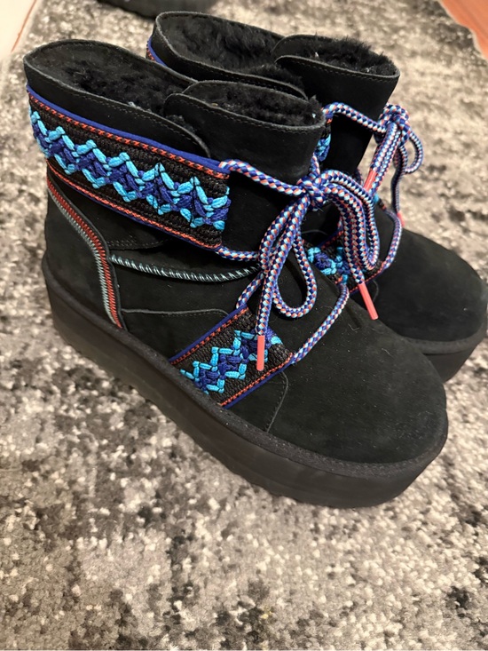 UGG Shoes - UGG Black Suede Platform Ankle Boots with Blue Braided Trim